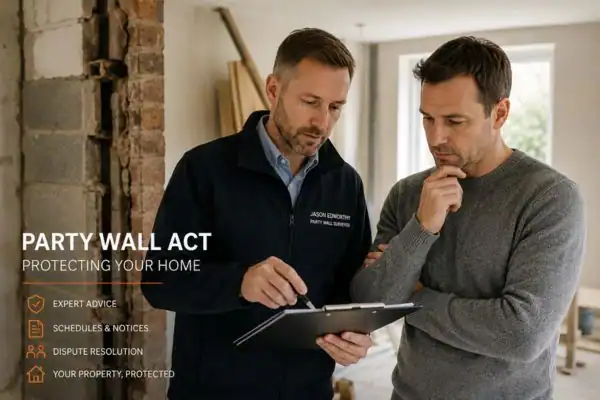 Party wall surveyor Trowbridge discussing extension plans with homeowner outside a UK semi-detached house.